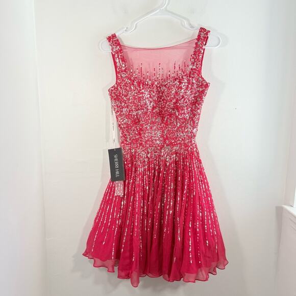 NWT Sherri Hill 8519 Red Illusion Sequin Bra Back Short Mini Prom Formal  Dress 2